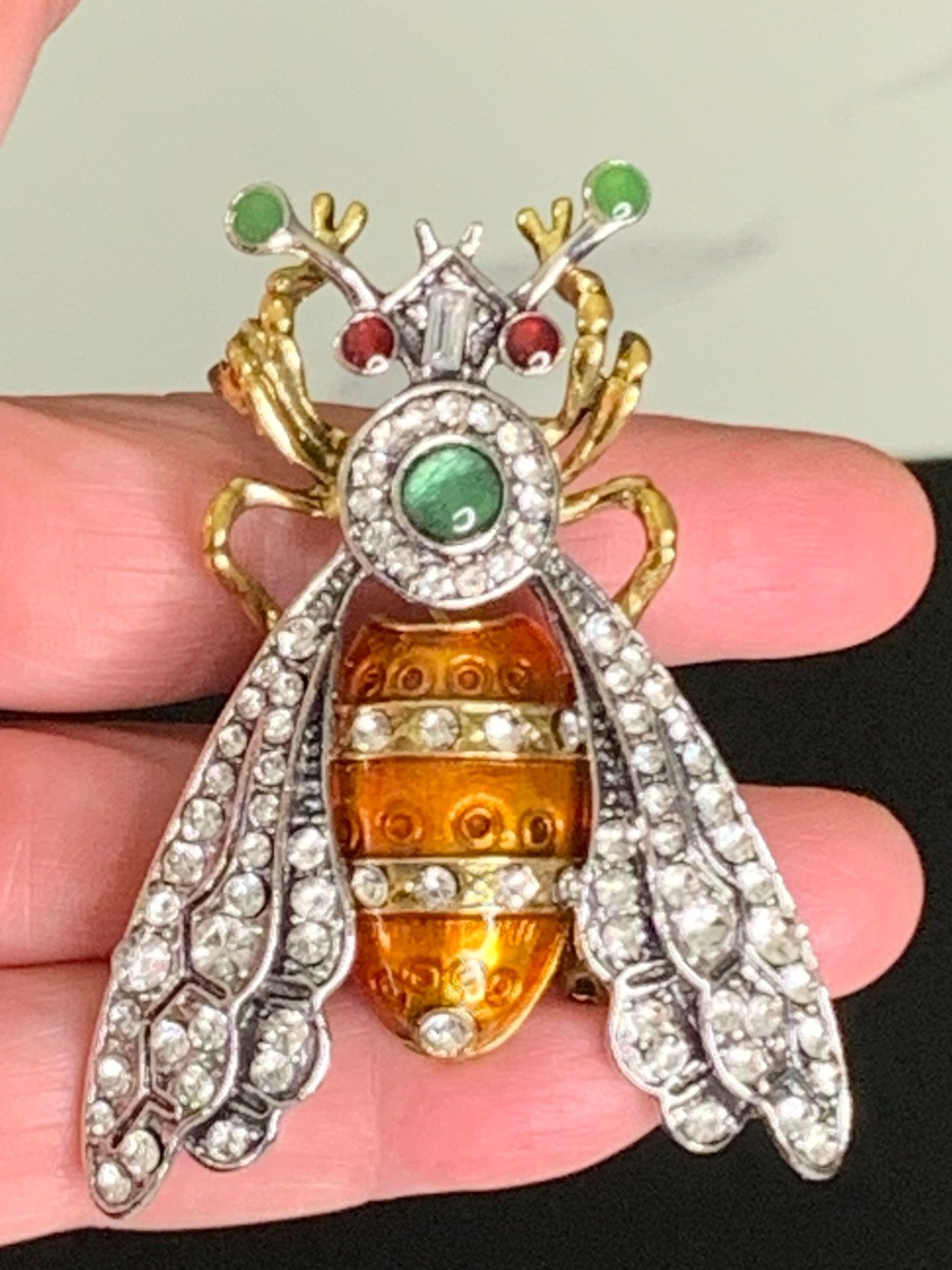 Vintage Gold tone Bee with Green and Brown Enamel Rhinestone Brooch